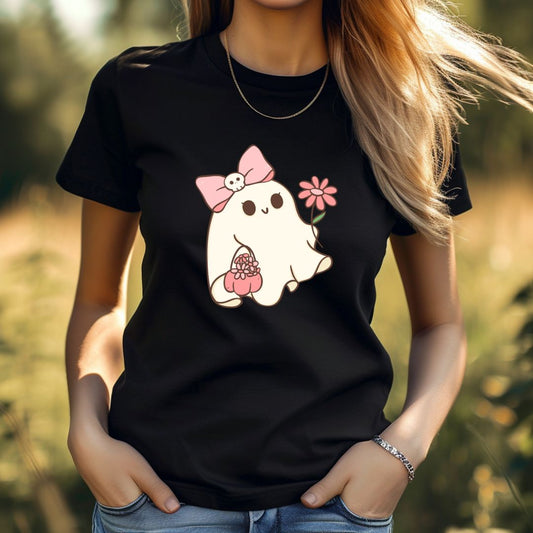 Halloween Shirt - Cute Ghost with Pink Pumpkin & Flower